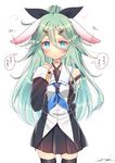  absurdres animal_ears arm_behind_back black_ribbon blue_eyes blue_neckwear blush bunny_ears choker cowboy_shot flying_sweatdrops green_hair hair_between_eyes hair_ornament hair_ribbon hairclip highres kantai_collection long_hair looking_at_viewer motion_lines neckerchief pleated_skirt ribbon sailor_collar simple_background skindentation skirt solo thighhighs thought_bubble translated white_background yamakaze_(kantai_collection) yuuzaki zettai_ryouiki 