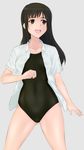  absurdres arm_at_side ass_visible_through_thighs bad_id bad_pixiv_id bangs black_eyes black_hair black_swimsuit blush breasts buttons clenched_hand collarbone collared_shirt cowboy_shot dress_shirt green_kaminari grey_background happy highres hips legs_apart long_hair looking_to_the_side medium_breasts one-piece_swimsuit open_clothes open_mouth open_shirt seiren shirt short_sleeves sidelocks simple_background smile solo standing swimsuit swimsuit_under_clothes thighs touno_kyouko unbuttoned white_shirt 