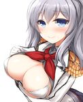  blue_eyes blush breast_hold breasts cleavage don_(29219) epaulettes gloves kantai_collection kashima_(kantai_collection) large_breasts long_hair long_sleeves looking_at_viewer neckerchief open_clothes open_shirt shirt silver_hair simple_background smile solo string_bikini upper_body white_background white_bikini_top 
