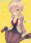  ankle_boots arms_at_sides black-framed_eyewear black_dress black_legwear blush boots breasts brown_footwear closed_eyes collarbone commentary_request dotted_line dress fate/grand_order fate_(series) from_above glasses grey_jacket hair_over_one_eye jacket knees_together_feet_apart long_sleeves looking_at_viewer looking_up mash_kyrielight medium_breasts open_clothes open_jacket pantyhose pink_eyes shiny shiny_hair shiny_skin short_hair silver_hair sitting solo suzuho_hotaru track_jacket triangle twitter_username wariza wing_collar yellow_background 