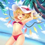 ;d adjusting_clothes adjusting_hat alternate_costume alternate_headwear armpits arms_up beach bikini blonde_hair blush bow breasts cloud coconut_tree commentary_request cowboy_shot crystal day fang flandre_scarlet hat hat_bow long_hair looking_at_viewer navel one_eye_closed open_mouth outdoors palm_tree red_bikini red_bow red_eyes rimu_(kingyo_origin) side_ponytail small_breasts smile solo stomach sun_hat swimsuit touhou tree underboob wings 