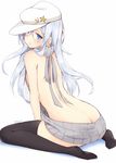  arched_back ass backless_dress backless_outfit bare_back bare_shoulders black_legwear blue_eyes blush breasts butt_crack commentary_request dimples_of_venus dress flat_cap floating_hair full_body grey_sweater halterneck hammer_and_sickle hat hazuki_natsu hibiki_(kantai_collection) kantai_collection long_hair looking_at_viewer looking_back meme_attire naked_sweater ribbed_sweater signature silver_hair simple_background sitting small_breasts soles solo star sweater sweater_dress thighhighs turtleneck turtleneck_sweater twitter_username verniy_(kantai_collection) virgin_killer_sweater wariza white_background 