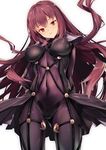  arms_behind_back blush bodysuit breasts breasts_apart commentary_request covered_navel covered_nipples fate/grand_order fate_(series) furisuku highres large_breasts long_hair looking_at_viewer pubic_hair pubic_hair_peek purple_bodysuit purple_hair red_eyes scathach_(fate)_(all) scathach_(fate/grand_order) simple_background skin_tight solo very_long_hair white_background 
