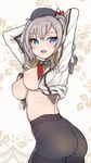  arms_up ass black_legwear blue_eyes breasts cowboy_shot epaulettes fang hat jorin kantai_collection kashima_(kantai_collection) large_breasts long_sleeves looking_at_viewer navel nipples no_bra open_clothes open_mouth pantyhose ribs silver_hair solo thighband_pantyhose twintails twisted_torso 