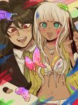  1girl bangs beetle bikini_top blazer blue_eyes blunt_bangs brown_hair bug butterfly caterpillar danganronpa dark_skin dark_skinned_male ganguro glasses gokuhara_gonta grubs highres insect jacket jewelry long_hair low_twintails machi_(mctri) multicolored multicolored_background necklace new_danganronpa_v3 paint paint_on_clothes paintbrush painting palette red_eyes round_eyewear school_uniform shell_necklace silver_hair simple_background smile twintails wide_sleeves yellow_jacket yonaga_angie 