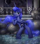  2016 absurd_res anatomically_correct blue_feathers blue_hair blush butt cutie_mark equine feathered_wings feathers female feral friendship_is_magic hair hi_res hooves horn long_hair looking_at_viewer mammal moon my_little_pony princess_luna_(mlp) selenophile smile solo underhoof water wet winged_unicorn wings 