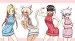  absurdres alisaie_leveilleur anger_vein animal_ears backless_outfit blonde_hair cat_ears cat_tail dark_skin embarrassed final_fantasy final_fantasy_xiv haimerejzero highres looking_at_viewer mask meme_attire minfilia_warde multiple_girls one_eye_closed silver_hair smile tail trembling virgin_killer_sweater visor y'shtola_rhul yda_hext 