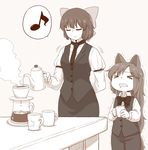  &gt;_&lt; ? alternate_costume animal_ears arm_behind_back bow bowtie closed_eyes coffee cup d: dx eighth_note formal hair_bow high_collar imaizumi_kagerou long_hair multiple_girls musical_note necktie open_mouth poronegi sekibanki spoken_musical_note suit table touhou trembling very_long_hair wolf_ears younger 
