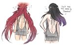  2girl ass back backless_outfit bangs bare_back bare_shoulders black_hair blush breasts butt_crack dress fire_emblem fire_emblem:_kakusei from_behind grey_dress hair long_hair naked_sweater no_bra no_panties no_underwear open-back_dress red_hair ribbed_sweater sideboob simple_background solo spoken_anger_vein sweater sweater_dress sweater_pull tearing_up tharja tiamo turtleneck turtleneck_sweater virgin_killer_sweater whisker_markings white_background 