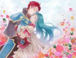  1girl aqua_hair armor blue_armor blue_eyes blush boots breastplate cape castle closed_eyes cloud couple day eirika fire_emblem fire_emblem:_seima_no_kouseki flower happy hetero highres hug knight long_hair mitarasi-1517 one_eye_closed red_eyes red_footwear red_hair seth_(fire_emblem) short_hair sidelocks skirt sky thigh_boots thighhighs very_long_hair white_skirt yellow_cape zettai_ryouiki 