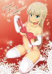  absurdres alessandra_susu bangs bare_shoulders bell bell_collar blonde_hair blue_eyes blush bow bow_panties breasts cleavage closed_mouth collar collarbone earrings elbow_gloves eyebrows_visible_through_hair frilled_legwear gloves green_eyes highres hoop_earrings jewelry jingle_bell kazuo_daisuke large_breasts long_hair looking_at_viewer merry_christmas navel panties red_background red_ribbon ribbon smile snowflake_background snowflakes solo tan thighhighs thighs tokyo_7th_sisters underwear white_gloves white_legwear white_panties 