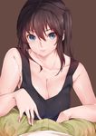  bad_hands between_legs blue_eyes breasts brown_background brown_hair cleavage eleaclarisse highres large_breasts long_hair looking_at_viewer seiren side_ponytail smile solo_focus sweat tank_top tsuneki_hikari 