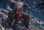  animal_ears bangs bee_(deadflow) blush forest holding holding_sword holding_weapon japanese_clothes katana kimono looking_at_viewer makeup nature open_mouth original red_eyes sketch solo sword tied_hair weapon white_hair 