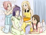  alternate_hairstyle bed braid chips comb food gabzillaz hairdressing haruno_sakura headphones headphones_around_neck highres hyuuga_hinata multiple_girls naruto naruto_(series) pajamas sleepover tenten twin_braids yamanaka_ino 