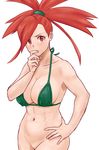 1girl abs asuna_(pokemon) bikini blush bottomless breasts cleavage erect_nipples female finger_to_mouth gym_leader hand_on_hip hand_on_own_chin large_breasts long_hair looking_at_viewer muscle nakaba navel nintendo no_panties pokemon pokemon_(anime) pokemon_(game) pokemon_oras pokemon_rse ponytail red_eyes red_hair side-tie_bikini simple_background solo stomach swimsuit toned white_background 