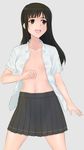  absurdres bad_id bad_pixiv_id black_eyes black_hair breasts green_kaminari grey_background highres long_hair medium_breasts navel open_clothes school_uniform seiren skirt smile solo thighs touno_kyouko unbuttoned 