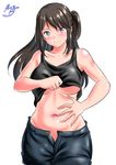  artist_name belly blue_eyes blush breasts brown_hair dated groin hand_on_own_stomach kasugano_tobari lifted_by_self long_hair medium_breasts navel one_side_up open_fly seiren shirt_lift short_shorts shorts signature smile solo spread_navel tank_top tsuneki_hikari unbuttoned underboob white_background 