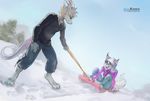  anthro beanie canine clothed clothing dragon duo female fur hair hat horn hybrid kardie male mammal outside sitting sled smile snow standing 