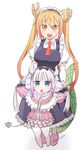  :d :o bangs beads blonde_hair blue_eyes capelet commentary_request dragon_girl dragon_tail full_body gloves gradient_hair hair_beads hair_ornament holding holding_hair horns kanna_kamui kobayashi-san_chi_no_maidragon long_hair low_twintails maid maid_headdress multicolored_hair multiple_girls open_mouth outstretched_arms silver_hair slippers slit_pupils smile standing tail takamono thighhighs tooru_(maidragon) twintails white_gloves white_legwear 