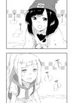  ascot backpack bag cape comic flower greyscale hat heavy_breathing lillie_(pokemon) mizuki_(pokemon) monochrome multiple_girls pokemon pokemon_(game) pokemon_sm ponytail rectangular_mouth yomotsuka_tsukasa 