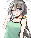  ;o ahoge asymmetrical_hair bare_arms bare_shoulders blue_eyes blush camisole casual don_(29219) eyebrows_visible_through_hair hair_between_eyes hair_ribbon kantai_collection kiyoshimo_(kantai_collection) long_hair looking_at_viewer one_eye_closed ribbon silver_hair simple_background sleepy sleeveless solo twitter_username upper_body white_background 