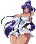  1girl areolae bare_legs bare_shoulders blush bodysuit breasts breasts_outside dark_skin female fingering huge_breasts lilith-soft long_hair looking_at_viewer naugthy_face nipples no_bra ponytail purple_hair red_eyes shiny_skin smile solo taimanin_(series) taimanin_asagi taimanin_asagi_3 tongue tongue_out very_long_hair yatsu_murasaki 