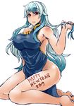  2017 alternate_costume armpits blue_hair breasts china_dress chinese_clothes commentary_request curvy dress eyebrows eyebrows_visible_through_hair happy_new_year heiseikorotaisei kamishirasawa_keine large_breasts long_hair looking_at_viewer new_year no_bra no_panties red_eyes serious side_slit sideboob sitting solo thick_eyebrows thighs touhou 