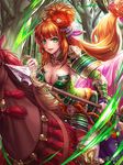 ahoge animal armor box_(hotpppink) breasts cleavage day flower green_eyes hair_flower hair_ornament highres holding holding_reins holding_weapon horse horseback_riding japanese_armor large_breasts long_hair looking_at_viewer official_art open_mouth orange_hair outdoors polearm ponytail reins riding sengoku_kishin_valkyrie smile spear tree updo very_long_hair watermark weapon 