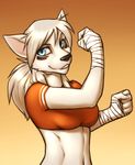  2013 abs anthro athletic blue_eyes canine cleo_(yutrah) clothed clothing crop_top female fur gradient_background hair half-length_portrait hand_wraps lockworkorange looking_at_viewer mammal midriff navel orange_background portrait shirt simple_background solo white_fur white_hair wolf wraps 