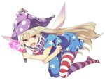  american_flag_dress american_flag_legwear bangs blonde_hair clownpiece fairy_wings fang fire full_body hasebe_yuusaku hat jester_cap long_hair looking_at_viewer neck_ruff open_mouth pantyhose polka_dot purple_eyes short_sleeves solo star star_print striped striped_legwear torch touhou wings 