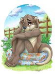  2016 anthro black_nose brown_eyes brown_fur detailed_background digitig4ade fence fur grass kashmere male mammal mustelid nude otter say sitting sky smile 