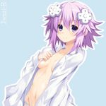  blush breasts choujigen_game_neptune d-pad d-pad_hair_ornament dress_shirt hair_between_eyes hair_ornament highres iwasi-r long_sleeves looking_at_viewer navel neptune_(choujigen_game_neptune) neptune_(series) no_bra open_clothes open_shirt panties purple_eyes purple_hair shirt short_hair simple_background small_breasts smile solo underwear white_shirt 