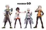  2girls androgynous bad_id bad_twitter_id black_gloves black_jacket blanche_(pokemon) blue_eyes blue_jacket bodysuit brown_eyes brown_hair candela_(pokemon) clenched_hand coat copyright_name dark_skin expressionless eyewear_on_head full_body gloves grey_eyes grey_hair grin hand_on_hip high_heels highres holding holding_poke_ball hood hoodie jacket jewelry labcoat legs_apart lineup lipstick long_hair long_sleeves looking_at_viewer makeup multicolored_hair multiple_boys multiple_girls official_style orange_gloves outstretched_arm pantyhose parody pendant poke_ball pokemon pokemon_go ponytail red_gloves redlhzz shoes short_hair sidelocks silver_hair simple_background smile sneakers spark_(pokemon) style_parody two-tone_hair watch white_background willow_(pokemon) wristband yellow_eyes 