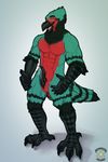  2017 4_toes 5_fingers abs anthro avian beak biceps biped bird black_beak black_claws black_feathers black_penis black_tail blue_eyes claws digital_media_(artwork) erection eyebrows feathers front_view full-length_portrait green_feathers green_tail grey_background hi_res kadohusky looking_at_viewer male multicolored_feathers multicolored_tail muscular muscular_male nude open_mouth pecs penis pink_tongue portrait precum red_feathers simple_background solo standing talons tapering_penis toe_claws toes tongue two_tone_tail watermark 