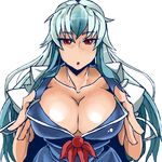  :o bangs blue_dress blue_hair breasts cleavage collarbone commentary_request dress heiseikorotaisei huge_breasts kamishirasawa_keine leaning_forward long_hair looking_at_viewer multicolored_hair no_hat no_headwear paizuri_invitation puffy_short_sleeves puffy_sleeves red_eyes short_sleeves silver_hair solo touhou two-tone_hair upper_body 