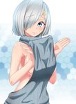  alternate_costume backless_dress backless_outfit bare_shoulders blue_eyes breasts burusuta closed_mouth collarbone dress fingernails grey_dress hair_ornament hair_over_one_eye hairclip halterneck hamakaze_(kantai_collection) highres kantai_collection large_breasts long_fingernails meme_attire naked_sweater no_bra ribbed_sweater shiny shiny_skin short_hair sideboob silver_hair solo sweater sweater_dress turtleneck turtleneck_sweater upper_body virgin_killer_sweater wavy_mouth 