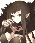  1girl assassin_of_red bare_shoulders black_hair breasts choker cleavage elbow_gloves fate/apocrypha fate_(series) frills gloves long_hair pointy_ears smile spikes yellow_eyes 
