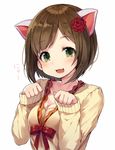  animal_ears blush breasts brown_hair cat_ears cleavage commentary_request fang green_eyes highres idolmaster idolmaster_cinderella_girls looking_at_viewer maekawa_miku medium_breasts paw_pose short_hair simple_background solo vsi0v white_background 