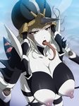  antennae blurry blurry_background breasts brown_eyes depth_of_field don_(rg06268) half-closed_eyes highres horn huge_breasts insect_girl long_tongue monster_girl mosquito_girl mosquito_musume nipples nude one-punch_man saliva solo tail tongue tongue_out 