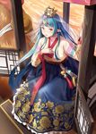  absurdres blue_hair brown_eyes delphine_(qurare) elf floral_print hair_ornament hanbok hat highres korean_clothes long_hair pointy_ears qurare_magic_library solo tassel veil very_long_hair yeoul 