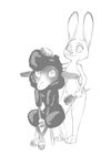  2017 akiric anthro black_and_white brush brushing caprine censored convenient_censorship creative_censorship disney duo female grooming judy_hopps lagomorph mammal monochrome naturally_censored rabbit sharla_(zootopia) sheep simple_background sitting smile stool white_background wool zootopia 