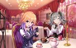  bracelet candle closed_eyes cup dark_illuminate drill_hair fork idolmaster idolmaster_cinderella_girls idolmaster_cinderella_girls_starlight_stage jewelry kanzaki_ranko long_hair multicolored_hair multiple_girls necktie ninomiya_asuka official_art orange_hair purple_eyes silver_hair twin_drills two-tone_hair 