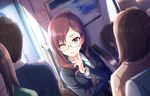  artist_request bangs blazer brown_hair glasses grin ground_vehicle idolmaster idolmaster_cinderella_girls idolmaster_cinderella_girls_starlight_stage jacket long_hair looking_at_viewer official_art one_eye_closed parted_bangs purple_eyes school_uniform smile solo_focus train_interior watch wristwatch yagami_makino 