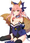  ameshizuku_natsuki animal_ears blue_legwear bow breasts cleavage detached_sleeves fate/extra fate_(series) fox_ears fox_shadow_puppet fox_tail hair_bow hair_ribbon japanese_clothes large_breasts long_hair looking_at_viewer pink_hair ribbon simple_background sitting solo tail tamamo_(fate)_(all) tamamo_no_mae_(fate) thighs wariza white_background yellow_eyes 