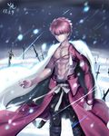  abs armor bangs black_pants cape clenched_hand closed_mouth collarbone dated emiya_shirou excalibur fate/grand_order fate_(series) glint glowing grey_eyes hair_between_eyes hakama half-closed_eyes igote japanese_armor japanese_clothes jin_yi_tong_si kusazuri limited/zero_over looking_away male_focus markings motion_blur muscle navel outdoors pants planted_sword planted_weapon red_cape red_hair ribbon serious shirtless signature snow snowing solo spiked_hair stomach sword tassel unlimited_blade_works waist_cape weapon white_cape white_ribbon wind 