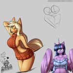  2017 anthro anthrofied applejack_(mlp) big_breasts blonde_hair bottomless breast_squish breasts breasts_frottage cleavage clothed clothing earth_pony english_text equine eyes_closed eyewear feathered_wings feathers female friendship_is_magic glasses green_eyes hair hand_behind_head hi_res horn horse mammal my_little_pony pegasus pony purple_feathers rainbow_dash_(mlp) side_boob silverfox057 smile sweater text tongue tongue_out twilight_sparkle_(mlp) virgin_killer_sweater winged_unicorn wings 