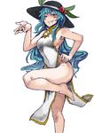  alternate_costume armpits bangs bare_arms bare_legs bare_shoulders barefoot black_hat blue_hair breasts china_dress chinese_clothes commentary_request covered_navel dress food fruit grin hand_on_hip hat heiseikorotaisei hinanawi_tenshi leaf leg_up long_hair looking_at_viewer peach pelvic_curtain red_eyes sideboob simple_background sleeveless sleeveless_dress small_breasts smile smug solo touhou very_long_hair white_background white_dress 