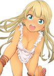  alessandra_susu apron bangle bikini_tan blonde_hair blue_eyes blush bracelet breasts cleavage collarbone covered_nipples earrings highres jewelry kazuo_daisuke long_hair looking_at_viewer medium_breasts naked_apron open_mouth polka_dot sandals simple_background smile solo tan tanline tokyo_7th_sisters white_background 