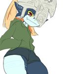  370ml breasts clothed clothing female grin hair humanoid imp looking_at_viewer looking_down mask midna nintendo not_furry orange_hair red_eyes simple_background smile solo the_legend_of_zelda thick_thighs twilight_princess video_games white_background 
