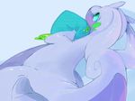  goodra green_eyes looking_at_viewer looking_back no_humans pillow pillow_hug pokemon pokemon_(creature) pokemon_(game) pokemon_xy shiny shiny_skin winter939 